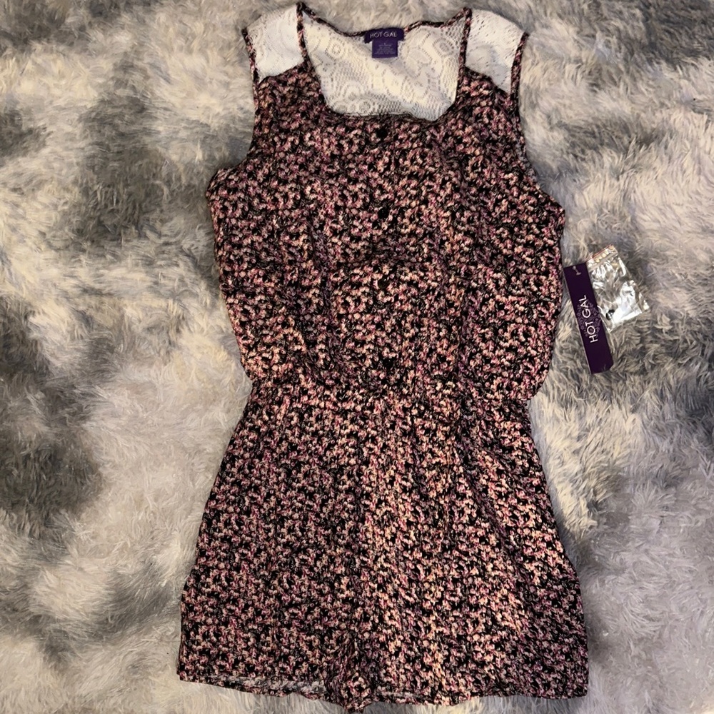 Hot Gal Black and Pink Lace-Trim Floral Romper - NWT Large XL